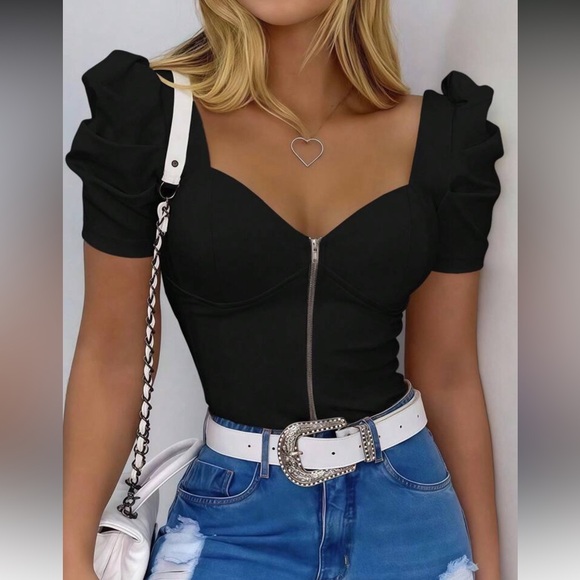 Elegant Black Puff Sleeve Top - Picture 1 of 9